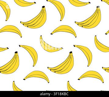 Mazzo e una singola banana di banane mature. Motivo senza cuciture scolastico illustrato a mano colorato. Grafica vettoriale in inchiostro a linea. Frutta tropicale popolare Illustrazione Vettoriale