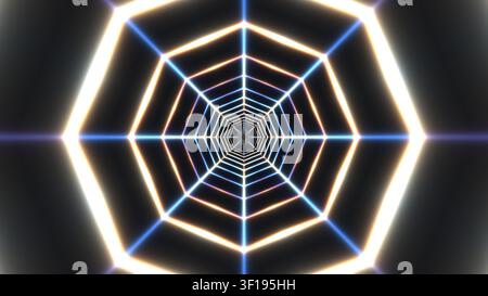 Una vista ravvicinata di un motivo geometrico a trama creato con effetti di luce. Il design presenta una serie di forme esagonali che emanano da un punto centrale Foto Stock