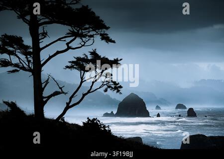 Costa drammatica dell'Oregon con il famoso Haystock Rock e il mare in tempesta, Cannon Beach, Oregon, Nordovest del Pacifico, USA Foto Stock