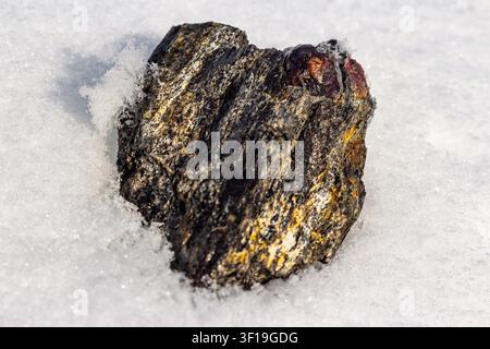 Vivid almandine garnet in mica scintillante, adagiato su neve bianca e netta. Un esemplare minerale naturale sorprendente, bellezza grezza dalla miniera di Kitelskoe Foto Stock