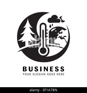 Logo di monitoraggio climatico con un termometro, un albero e la luna per l'osservazione notturna del clima e dell'ambiente. Illustrazione Vettoriale