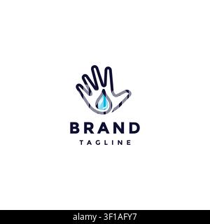 Hi Five Blue Waters Logo Design. Gesto della mano aperta con logo icona goccia d'acqua blu. Illustrazione Vettoriale