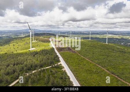 Vista aerea del parco eolico Parque Eolico da Serra dos Candeeiros con turbine bianche su un paesaggio collinare verdeggiante e una strada tortuosa a Rio Maior, San Foto Stock