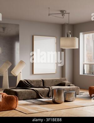 Interno di appartamento elegante con una cornice per poster fittizia vuota, divano di lusso marrone, mobili contemporanei e decorazione minimalista della casa. Illustrazione 3D Foto Stock