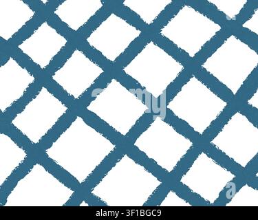 Modello a griglia diagonale blu dipinto a mano con texture rustica a pennello, adatto per sfondi, tessuti e set di design di superficie coordinati. Foto Stock