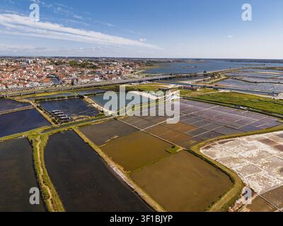 Vista aerea delle saline di Aveiro, che mostra bacini di evaporazione geometrici, lo skyline della città e un ponte che attraversa la laguna ad Aveiro, distretto di Aveiro Foto Stock