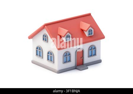 Renderizzazione 3D di una piccola casa con un tetto rosso brillante curvo, pareti bianche e finestre e porta ad arco, vista da un angolo di 45 gradi. Foto Stock