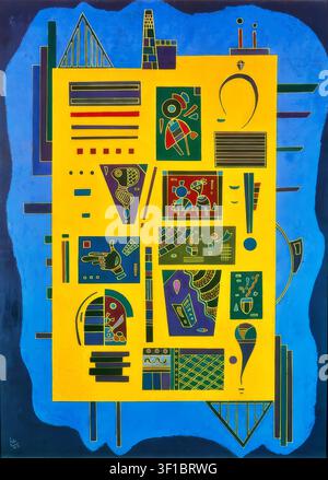 Wassily Kandinsky – Un Conglomerato (Un conglomérat), 1943. Olio su cartone. Composizione astratta tarda con un grande pannello rettangolare verticale giallo pieno di scomparti a griglia, motivi biomorfi e pannelli geometrici multicolori, il tutto incorniciato da una cornice bordatura fluida blu vibrante Foto Stock