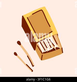 Scatola di fiammiferi vintage con fiammiferi di legno, illustrazione minimalista disegnata a mano per accendere candele, camino, campeggio e stile di vita accogliente a casa Illustrazione Vettoriale