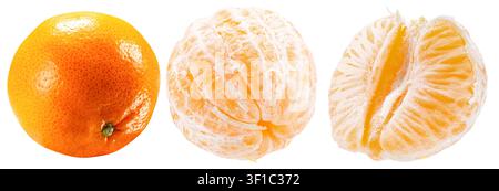 Tre frutti citrus che mostrano varie fasi di sbucciamento e taglio a metà. Foto Stock