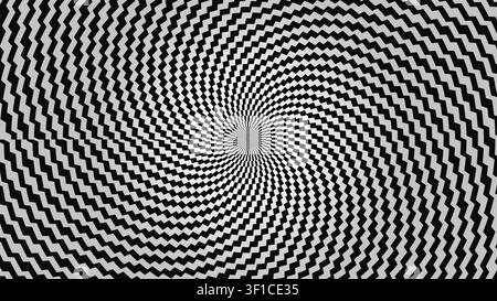 Il design presenta un motivo a spirale bianco e nero composto da linee a zigzag. Crea un effetto di illusione ottica che attira l'occhio verso il centro. Foto Stock