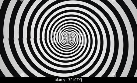 Questo design presenta una serie di spirali concentriche nere e bianche che creano un motivo circolare. Le linee si espandono alternativamente verso l'esterno, guidando lo sguardo Foto Stock