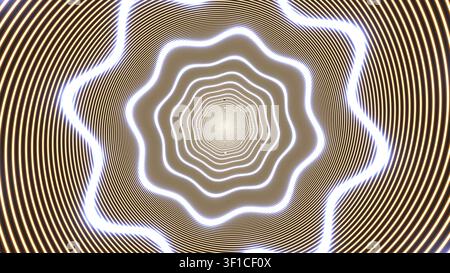 Questo design presenta uno schema a spirale formato da linee concentriche, creando un effetto ipnotico. I bordi morbidi e luminosi evidenziano la struttura, attirando atte Foto Stock