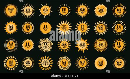 Set di icone solari divertenti. Volti cartoon retrò con raggi ed espressioni diverse, simboli meteorologici sorridenti estivi ed elementi grafici decorativi giocosi. Sole giallo brillante. Illustrazione vettoriale isolata Illustrazione Vettoriale