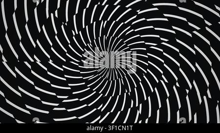 L'immagine mostra uno schema a spirale in bianco e nero che crea un'illusione ottica. Questo design presenta segmenti neri e bianchi alternati disposti Foto Stock