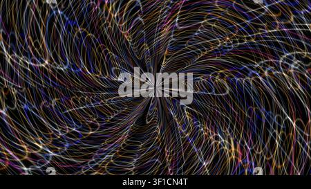 Questo pezzo presenta uno schema a spirale astratto fatto di linee e forme colorate. Il design crea un effetto visivamente coinvolgente con un senso di profondità Foto Stock
