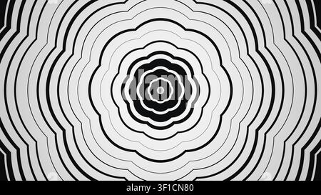Questa opera d'arte presenta una serie di cerchi concentrici stratificati in bianco e nero. Il design crea un effetto ipnotico con i suoi schemi ripetitivi e Foto Stock