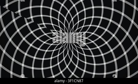 Quest'opera presenta una serie di linee concentriche bianche e nere che formano un motivo a spirale su uno sfondo scuro. Evidenzia forme geometriche e Foto Stock