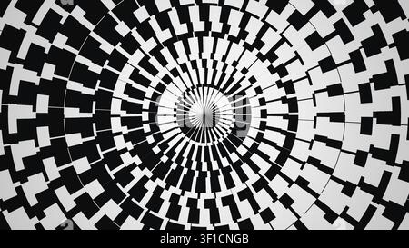 Questa opera d'arte presenta un motivo geometrico in bianco e nero disposto a forma di spirale, che mostra una serie di quadrati e linee alternati. Il design Foto Stock