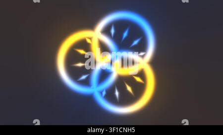 Forme circolari luminose si sovrappongono per creare un design vivace. Le tonalità blu e gialle si mescolano con una luce soffusa, esaltando il fascino visivo. Questa grafica ca Foto Stock