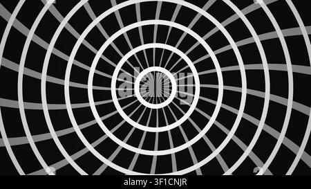 I cerchi concentrici creano un effetto di illusione ottica su uno sfondo nero. Il design presenta linee bianche disposte a spirale, attirando il Foto Stock