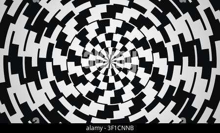 L'immagine presenta uno schema a spirale bianco e nero composto da forme geometriche. Il design crea un effetto di illusione ottica, attirando l'attenzione dell'osservatore Foto Stock