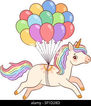 Simpatico unicorno bambino che vola con un grosso mazzo di palloncini colorati all'elio. Stile piatto disegnato a mano isolato. Per adesivi, decorazione per asilo nido, abbigliamento per bambini, bi Illustrazione Vettoriale