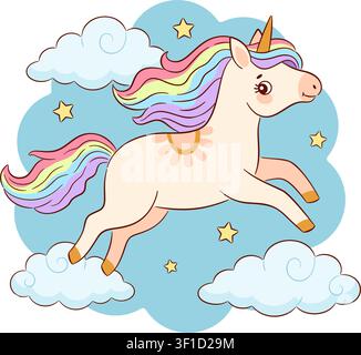 Unicorno carino che corre o vola nel cielo con nuvole soffici e stelle gialle. Stile piatto disegnato a mano isolato. Per adesivi, decorazione per asilo nido, apparenza per bambini Illustrazione Vettoriale