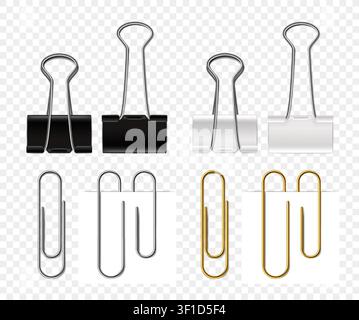 Vettore realistico con graffette e fermagli per carta in nero, bianco e oro, materiale da ufficio isolato su sfondo trasparente per l'organizzazione dei documenti. Illustrazione Vettoriale
