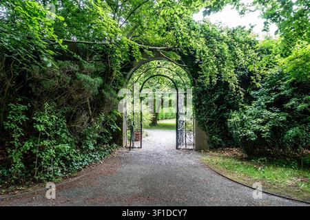 Un cancello in ferro battuto ornato che conduce a un lussureggiante giardino murato verde in Irlanda, sotto una chioma di fogliame fitto. Foto Stock