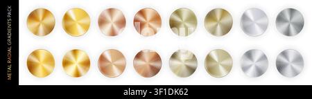 Confezione grande con gradiente radiale realistico in metallo cromato isolato su sfondo bianco con ombre. Oro, bronzo, rame, alluminio, nichel e argento Illustrazione Vettoriale