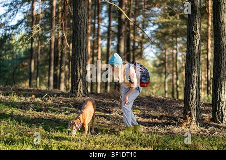 Donna curiosa, foraggiatrice, escursionista e cane che cacciano insieme nella foresta alla ricerca di tartufi e funghi porcini. Foto Stock