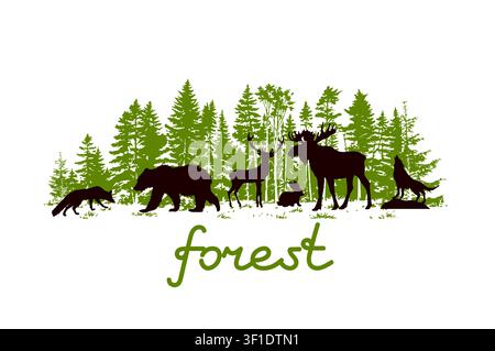 Silhouette di foresta con animali. Disegnato a mano. Non AI, illustrazione vettoriale. Illustrazione Vettoriale