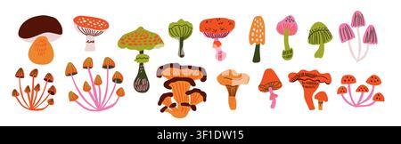 Collezione di clipart di mega funghi con finferli, porcini, amanite muscaria, boleti, funghi raggruppati, funghi del bosco e funghi delle foreste in tonalità calde e terrose, set autunnale versatile per adesivi, confezioni, scrapbooking, branding, guide sul campo, planner e progetti di design stagionali Illustrazione Vettoriale