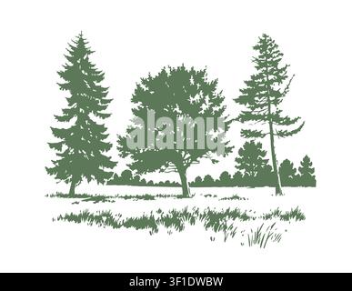Parco con silhouette di alberi. Disegnato a mano. Non AI, illustrazione vettoriale. Illustrazione Vettoriale