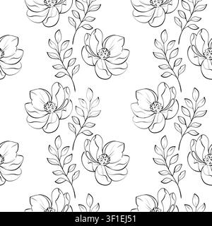 Modello vettoriale senza cuciture magnolia in bianco e nero disegno a linea fine, fiori con rami frondosi per confezioni di tè, cosmetici biologici e artigianali Illustrazione Vettoriale