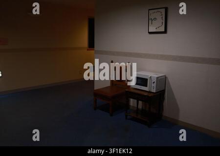 Interno di una camera d'albergo retrò a Nichinan, Miyazaki, Giappone, che mostra un'atmosfera vintage nostalgica con mobili classici in legno e un microonde Foto Stock