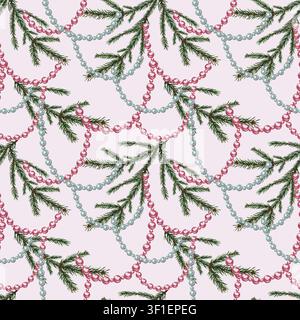 Modello senza cuciture natalizio con rami di abete e decorazioni per alberi di Natale. Illustrazione acquerellata disegnata a mano. Su sfondo rosa. Per l'imballaggio Foto Stock