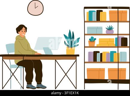 Persona che lavora alla scrivania. Spazio di lavoro domestico con computer, uomo freelance, lavoro da remoto, produttività, studio e spazio di lavoro organizzato in stile moderno Illustrazione Vettoriale