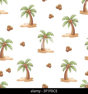 Un motivo tropical senza cuciture con palme e noci di cocco Illustrazione Vettoriale