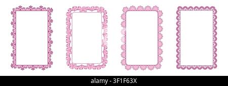 Graziose cornici in pizzo con motivo floreale, fronzoli e fiocco, illustrazioni vettoriali isolate su sfondo bianco. Nastri rosa vintage, bordi in coquette per romantici inviti di San Valentino, biglietti da sposa Illustrazione Vettoriale