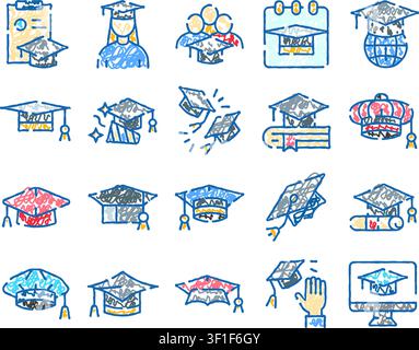 Collezione in stile disegnato a mano di berretti accademici e oggetti correlati che simboleggiano i risultati accademici, gli studi universitari e il viaggio dell'apprendimento Illustrazione Vettoriale
