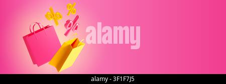 Borse della spesa 3D gialle e rosa con icone di percentuale volanti, sfondo vettoriale realistico. Banner di negozio online, buono regalo di compleanno, annunci pubblicitari per sconti o design di carte fedeltà, coupon offerta primavera o estate Illustrazione Vettoriale