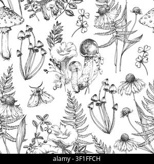Una scena tranquilla con funghi e fiori selvatici in un ambiente naturale all'aperto, catturata da una prospettiva dall'alto su un design di carta da parati, Illustrazione Vettoriale