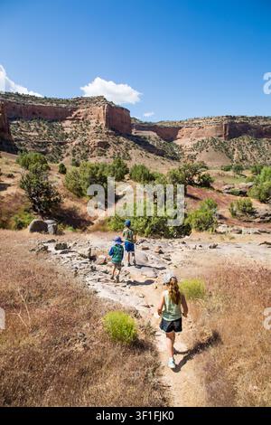 Tre bambini che fanno escursioni insieme in un canyon desertico Foto Stock