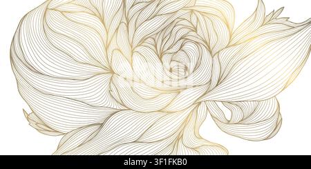 Modello floreale lussuoso con eleganti peonie a linea dorata, foglie, ornamento botanico, arte cinese e giapponese. Invito di nozze, biglietto di auguri Illustrazione Vettoriale