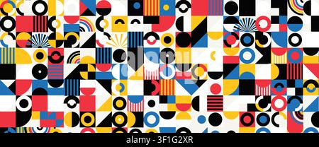 Design a motivi geometrici, sfondo astratto Bauhaus, motivo geometrico cerchio quadrato rettangolo. Sfondo decorativo vivace e colorato, arte di metà secolo Illustrazione Vettoriale