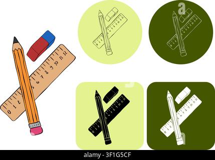 Matita, righello e gomma Illustrazione del logo scolastico disegnata a mano. Grafica vettoriale arte a inchiostro lineare. Organizzatore di cancelleria e materiale scolastico. per pacchetto, hol Illustrazione Vettoriale