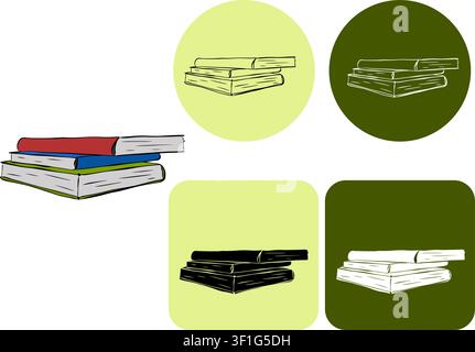 Pila di libri Logotipo scolastico illustrazione disegnata a mano. Grafica vettoriale arte a inchiostro lineare. Elemento di collage per scrapbooking di ritorno a scuola. per pacchetto, design per le feste, Illustrazione Vettoriale