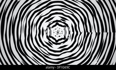 Un design circolare presenta strisce alternate di nero e bianco. Il motivo forma una spirale che attira l'occhio verso il centro. Questo design crea Foto Stock